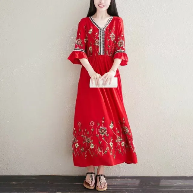 Retro Long Pullover White Red Dress Women Red - Shop at LoveMi