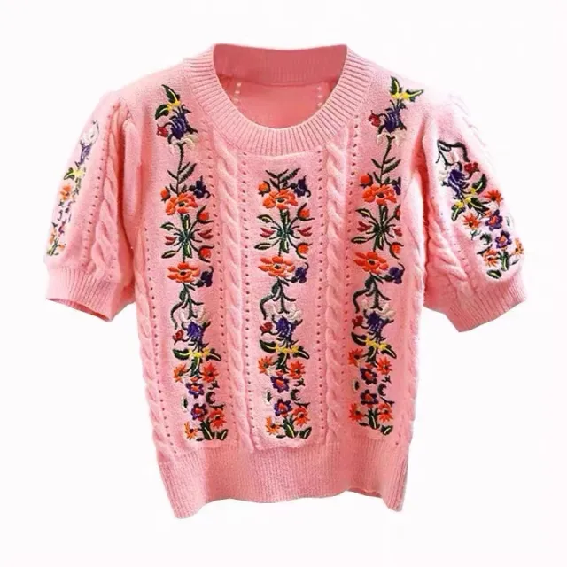Women's Embroidered Jacquard Short sleeved Hollow out Top Pink - Shop at LoveMi