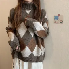 Korean Style Retro Lazy Style Diamond Plaid Colourblock Thick Warm Loose Turtleneck Sweater - Camel - View 1