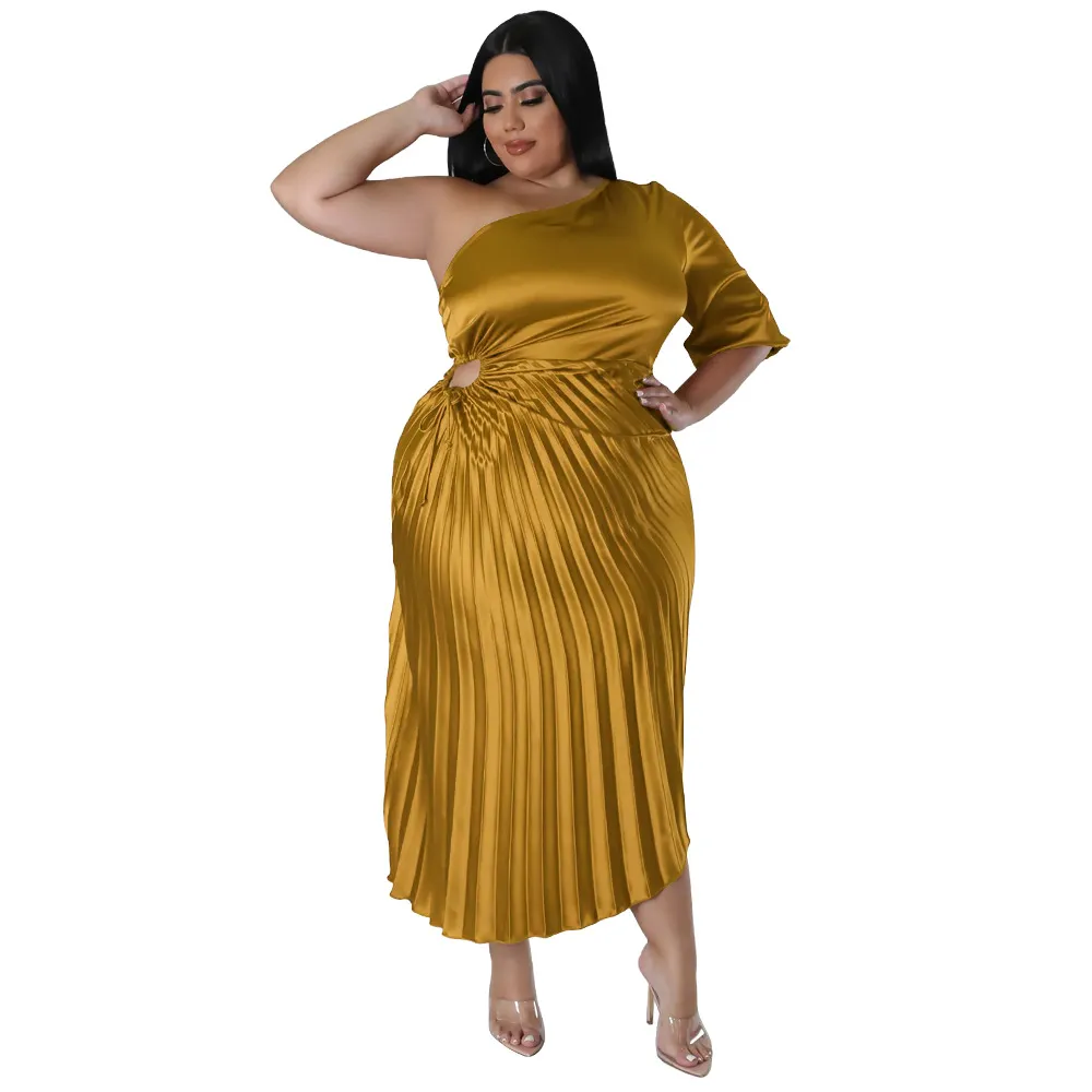 Fashionable And Sexy Off-the-shoulder Drawstring Pleated Dress - Gold