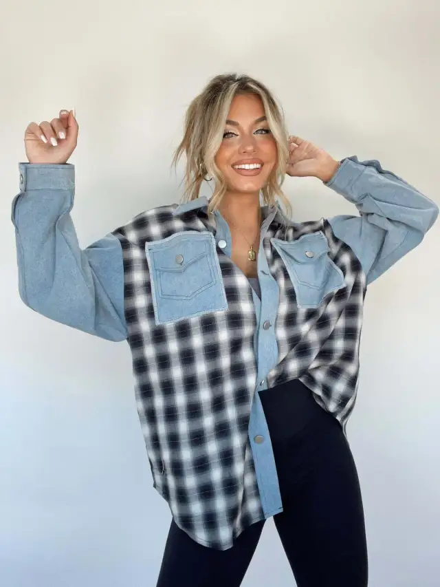 Loose Women's Denim Stitching Plaid Coat Top Plaid - Shop at LoveMi