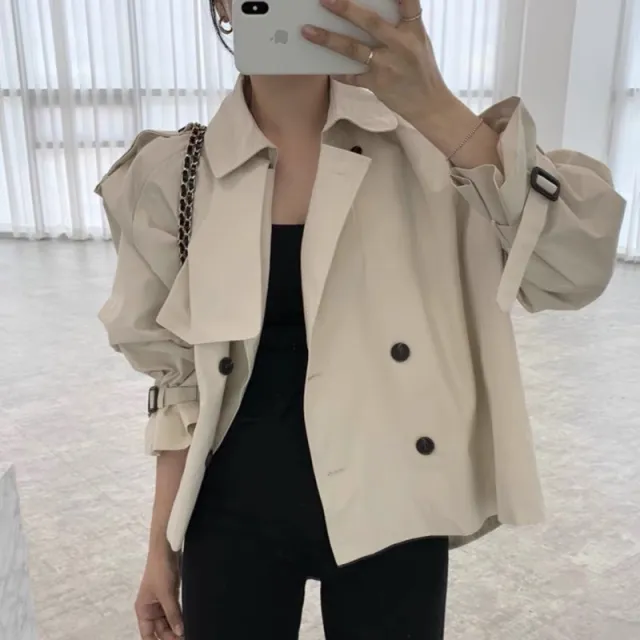 Fall South Lapel Double Breasted Loose Long Sleeve Tooling Style Coat Apricot - Shop at LoveMi