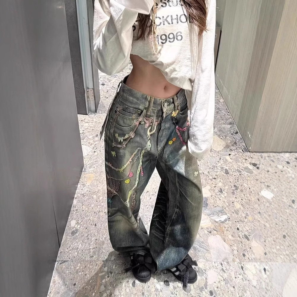 Womens Floor-length Printed Denim Jeans With A Chain Detail