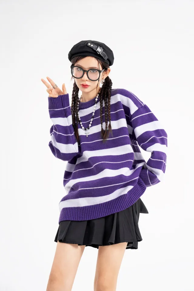 Vintage Stripe Simple Casual Dopamine Slimming Sweater Purple - Shop at LoveMi