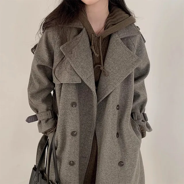 Double Breasted Lace up Waist controlled Slimming Mid length Woolen Coat Gray - Shop at LoveMi