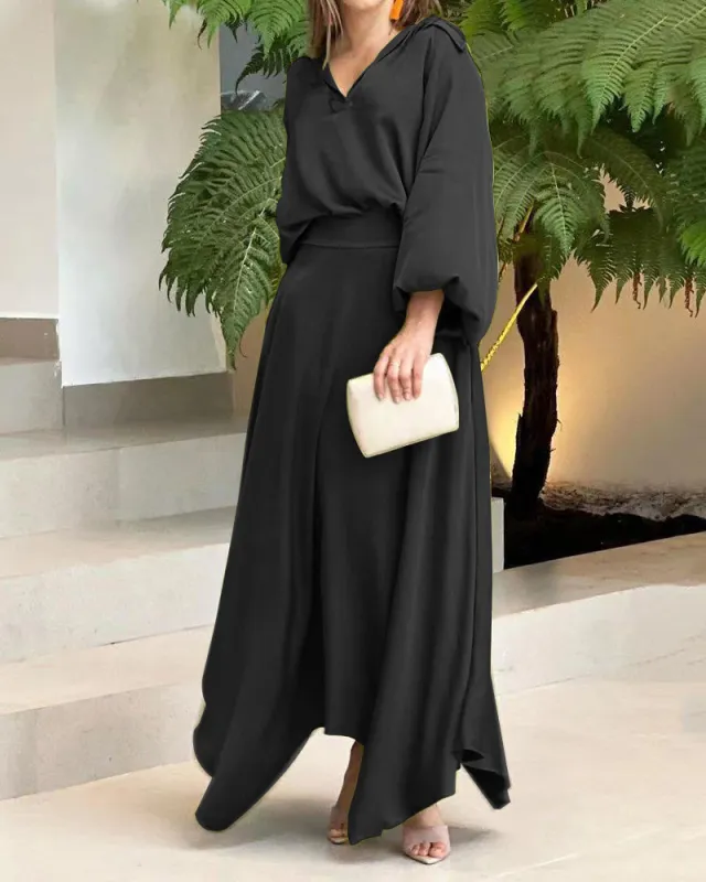 European And American Foreign Trade Women's Clothing New Loose Plus Size Solid Color Long sleeved Top High Waist Long Skirt Suit Black - Shop at LoveMi