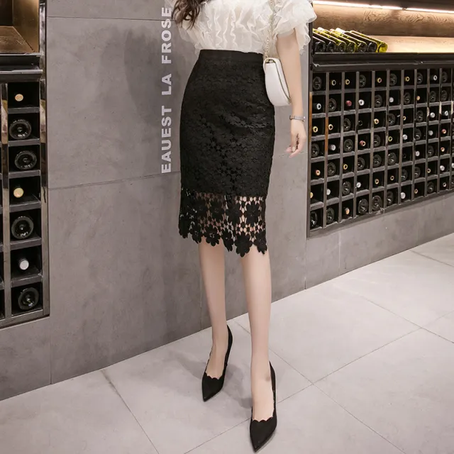 High Waist Crocheted Hollow Slit Sheath Skirt Black - Shop at LoveMi