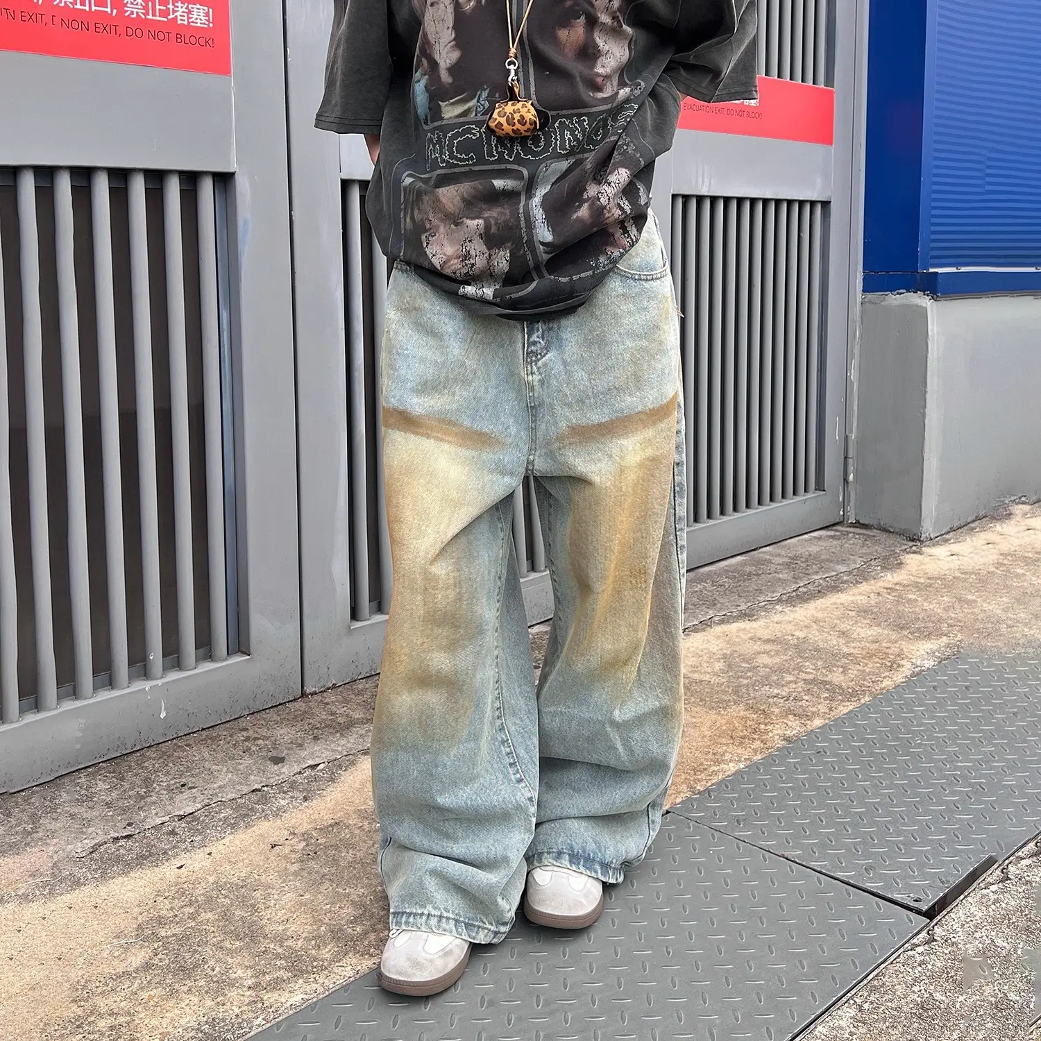 Retro Yellow-dyed Distressed Wide-leg Denim Jeans