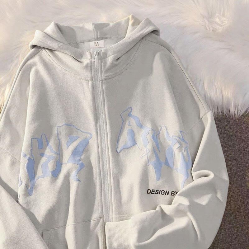 Letter Printed Hoodie Zipper Sweater
