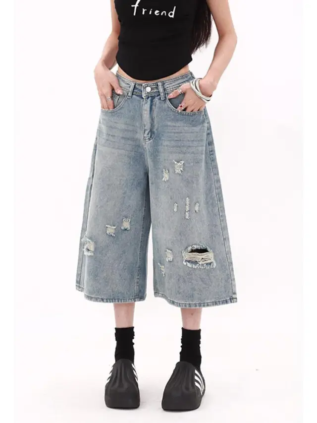 Women's American style Retro Cropped Jeans Summer Blue - Shop at LoveMi