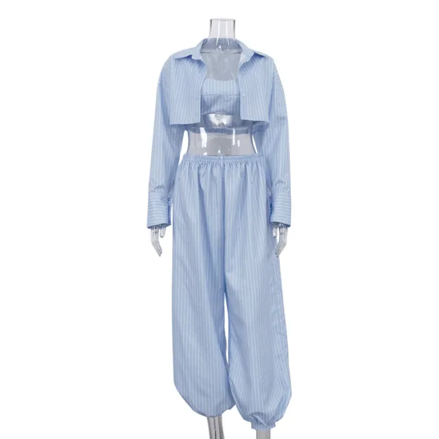 Striped Cropped Shirt Set Loose Fit Casual Jogger Pants And Vest Three Piece Outfit Blue - Shop at LoveMi