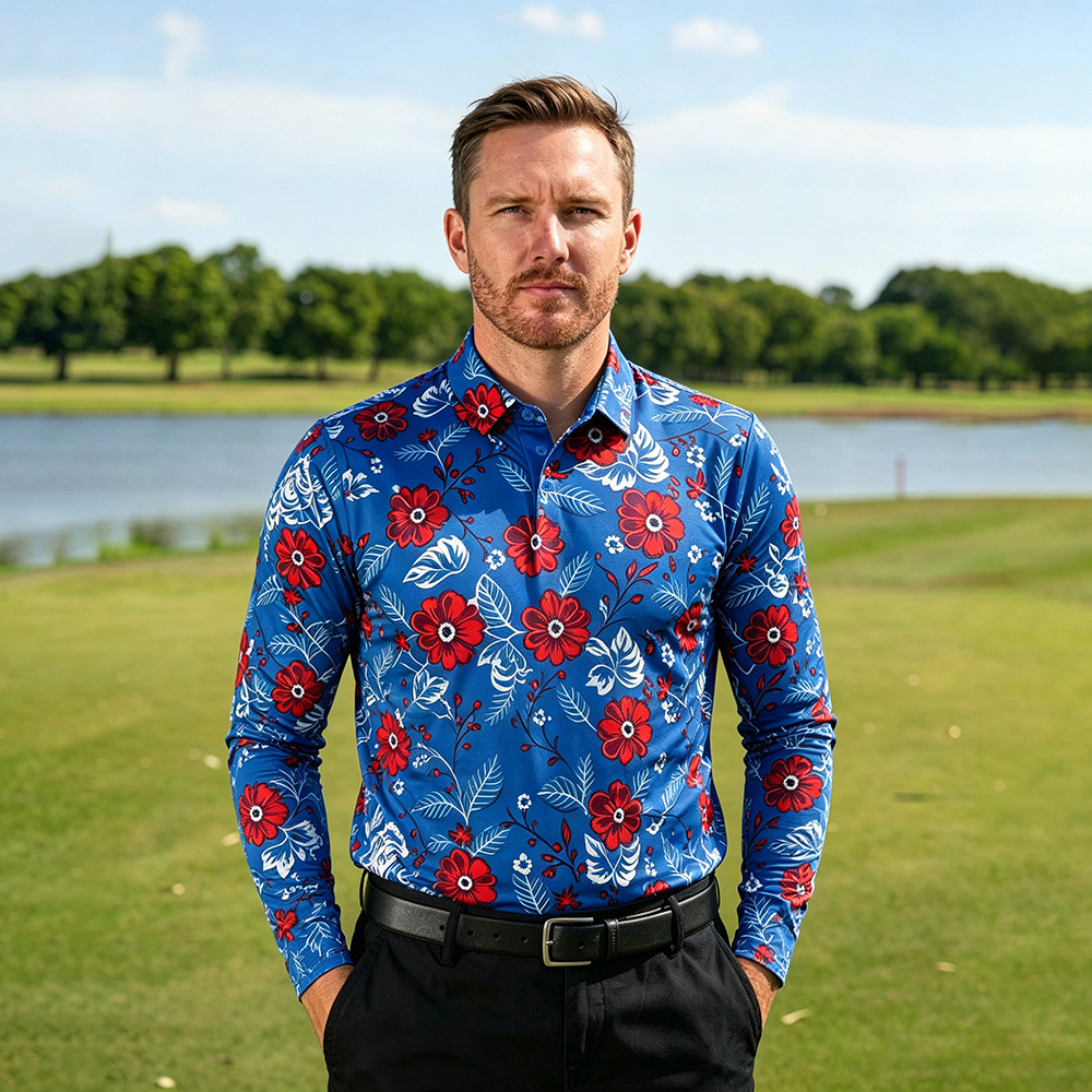 Mens Long-sleeve Polo Shirt Quick-drying And Breathable Stylish And Trendy With A Printed Design