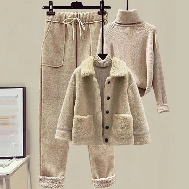 Lamb Wool Fur Sweater Casual Pants Three Piece Set Fashion Suit Women Khaki - Shop at LoveMi