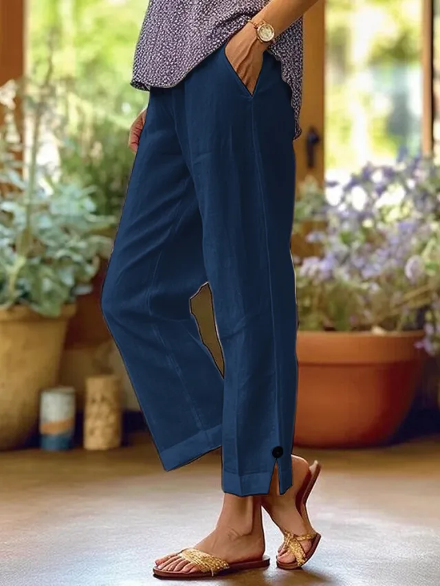 Cotton And Linen Loose Pure Color Elastic Waist Pocket Straight Casual Pants Blue - Shop at LoveMi