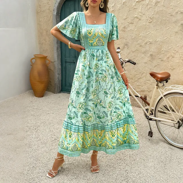 Holiday Floral Print A Line Dress Women's Clothing D2523074 Green - Shop at LoveMi