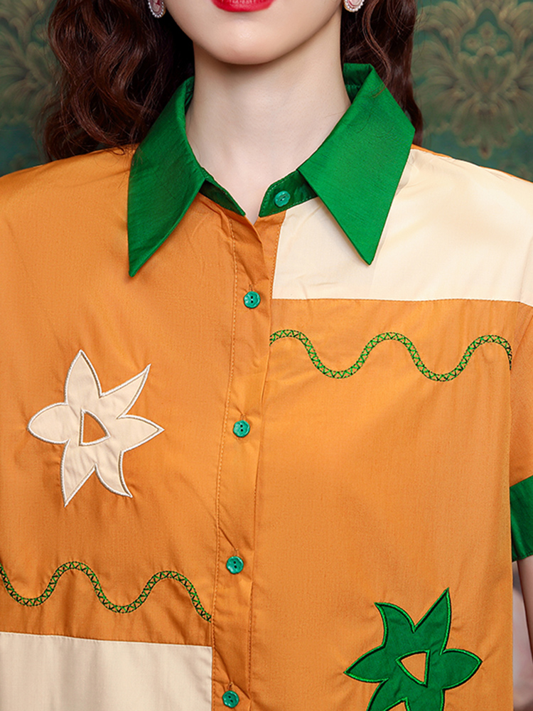 French Retro Contrast Color Lapels Short Sleeve