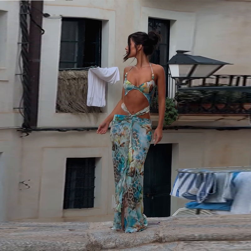 Hollow Hot Girl Sexy Suspenders Printing Dress