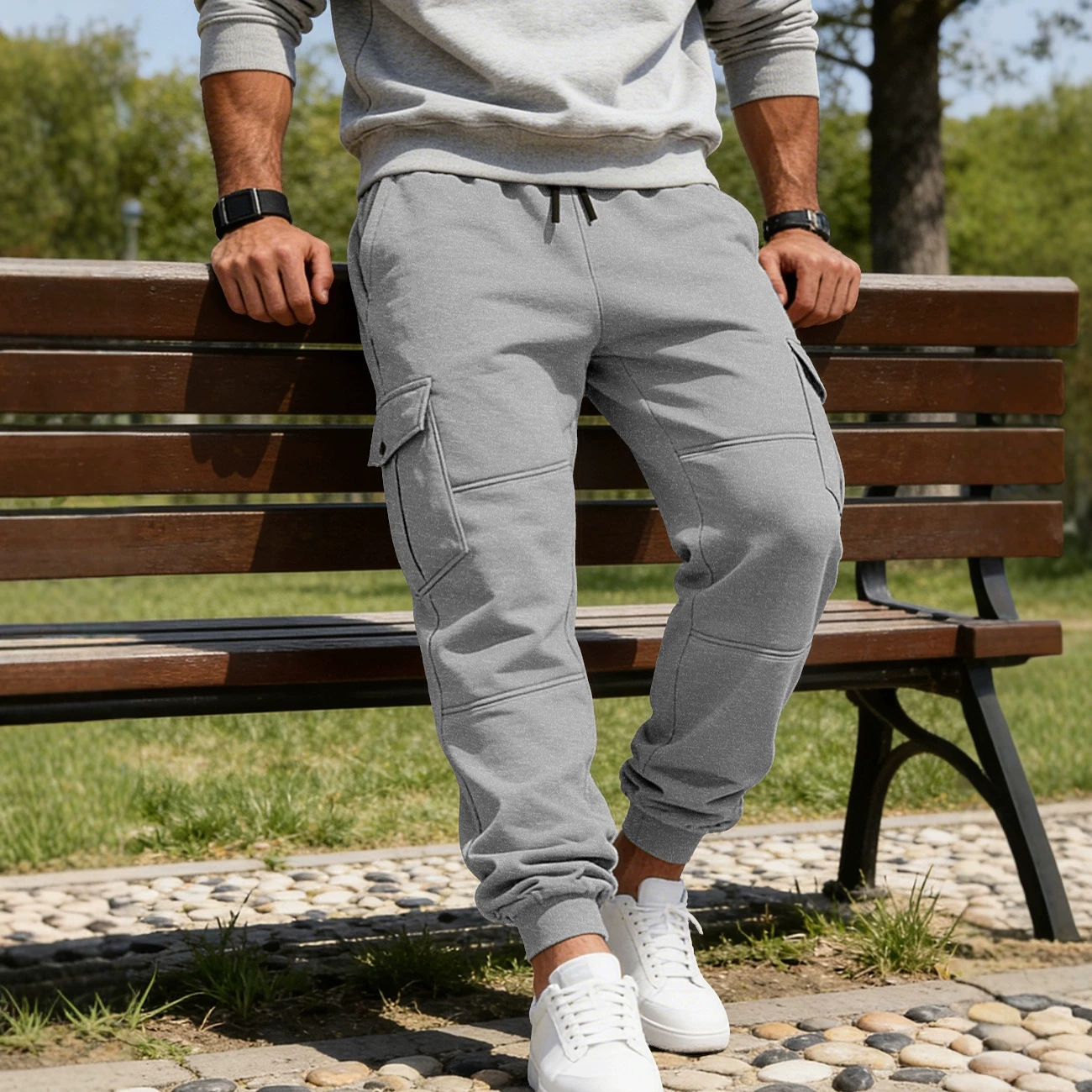 Mens Patchwork Multi-Pocket Drawstring Workwear Casual Pants