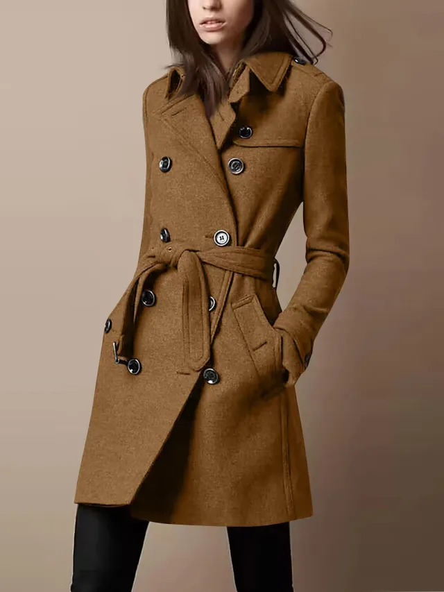 Double Breasted Casual Woolen Coat Women's Clothing Brown - Shop at LoveMi