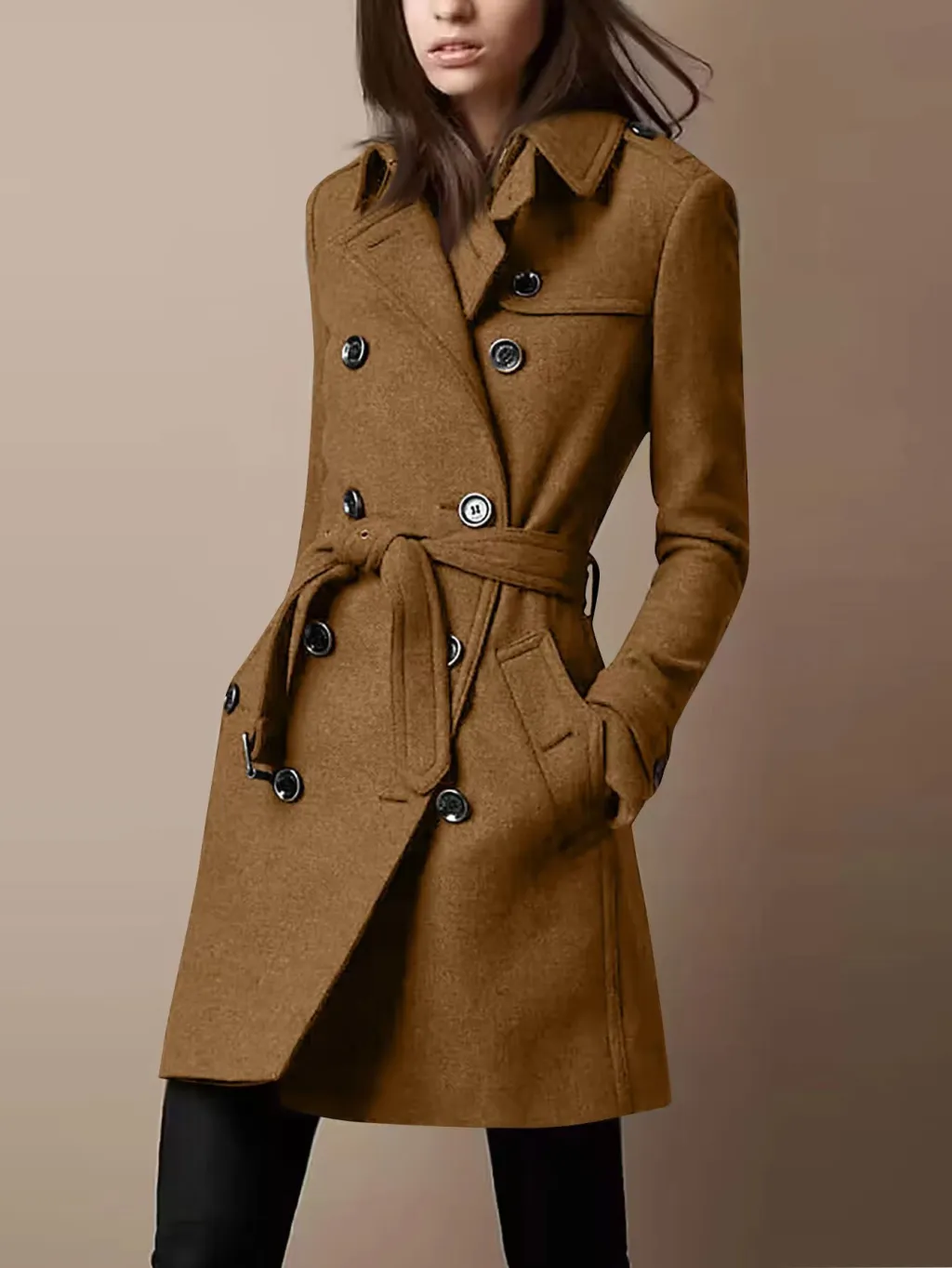 Double Breasted Casual Woolen Coat Women's Clothing - Brown