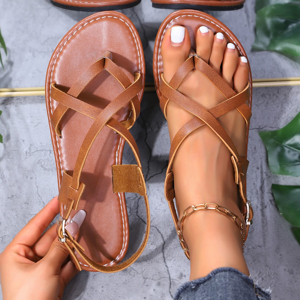 Women's Sandals Toe Post Roman Cross Strap Flat Beach Shoes