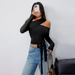 Autumn And Winter New Street Trend Style T-shirt Irregular Design Long Sleeve Top - Black - View 1