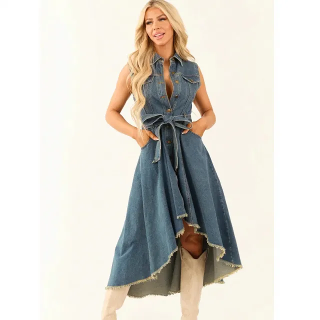 Sleeveless Irregular With Personality Raw Edge Dress Blue - Shop at LoveMi