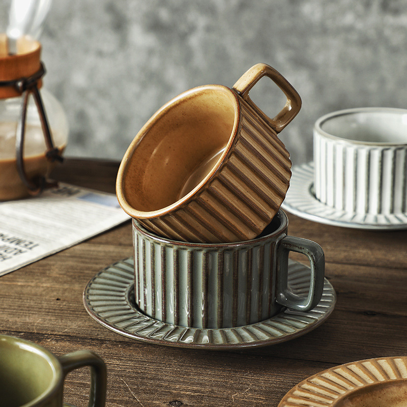 Vintage Aged-look Ceramic Coffee Mug With Kiln-shift Vertical Stripes