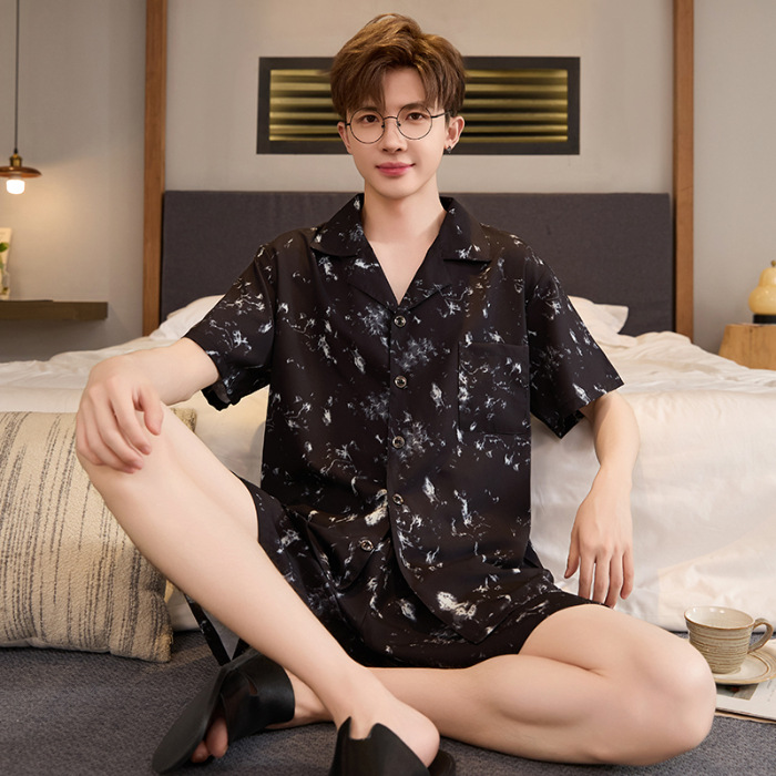 Mens Summer Cardigan Ice-silk Short-sleeve Top And Shorts