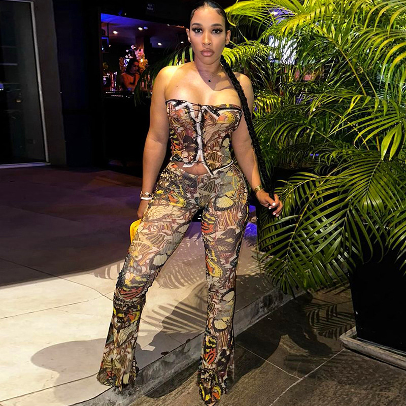 Europe And America Creative Printed Sleeveless Lace-up Tube Top Trousers Suit