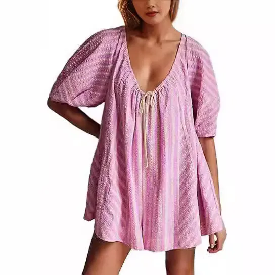 Short Sleeve Striped Shirt Loose Deep V Jumpsuit Pink - Shop at LoveMi