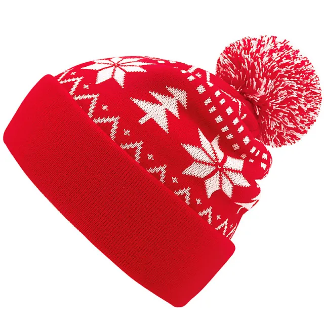 Jacquard Christmas Fluffy Ball Cap Thermal Head Cover Knitted Hat Red - Shop at LoveMi