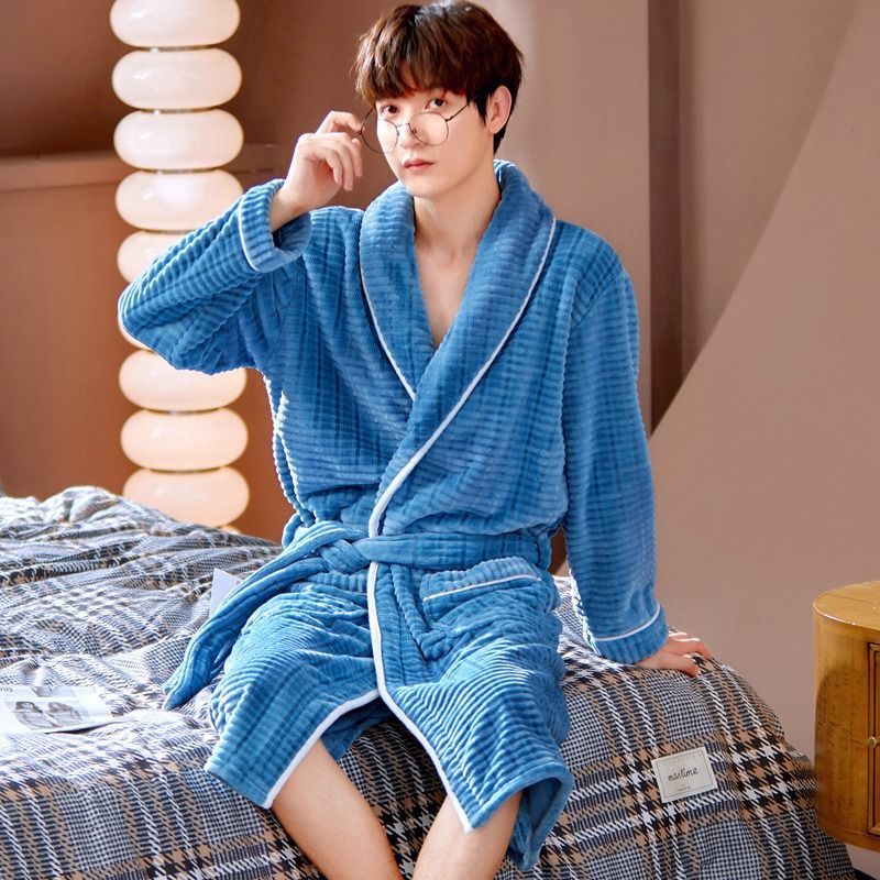 Men Vertical Pattern Robe Blue