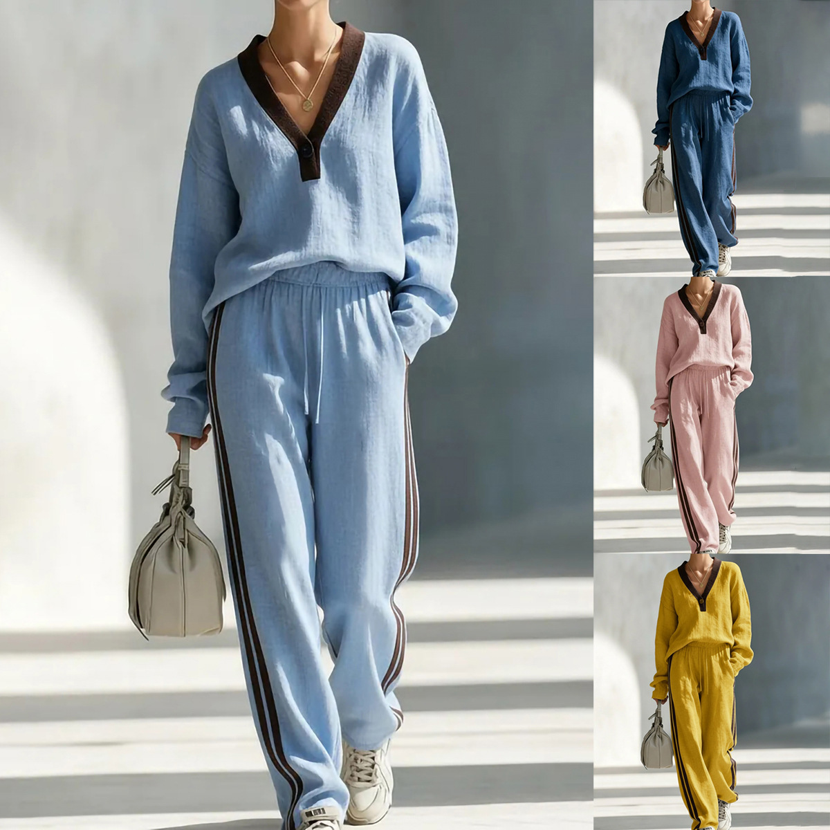 Fashionable Casual Two-piece Set For Women Color-block Long-sleeved Top And Long Pants