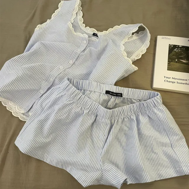 Women's Striped Lace Trimmed Tank Top And Shorts Set Tan - Shop at LoveMi