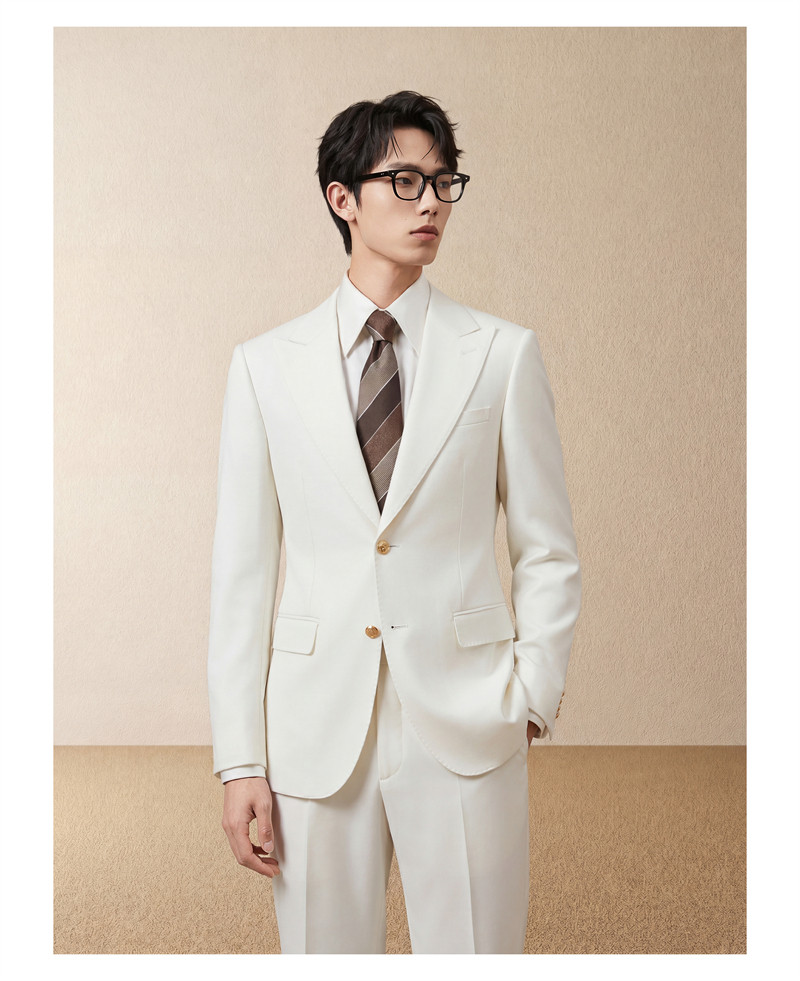 Men's Slim-Fit Two-Button Blazer - white model view showing pointed lapels, front buttons and flap pockets