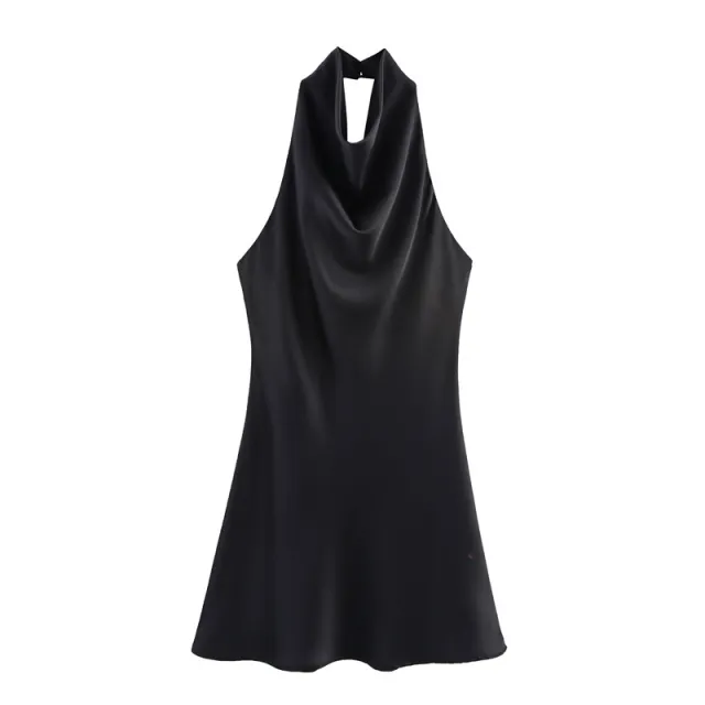 Silk Satin Hanging Collar Spaghetti Straps Sleeveless Dress Black - Shop at LoveMi