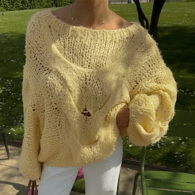 Solid Color Round Neck Cable-knit Sweater - Yellow