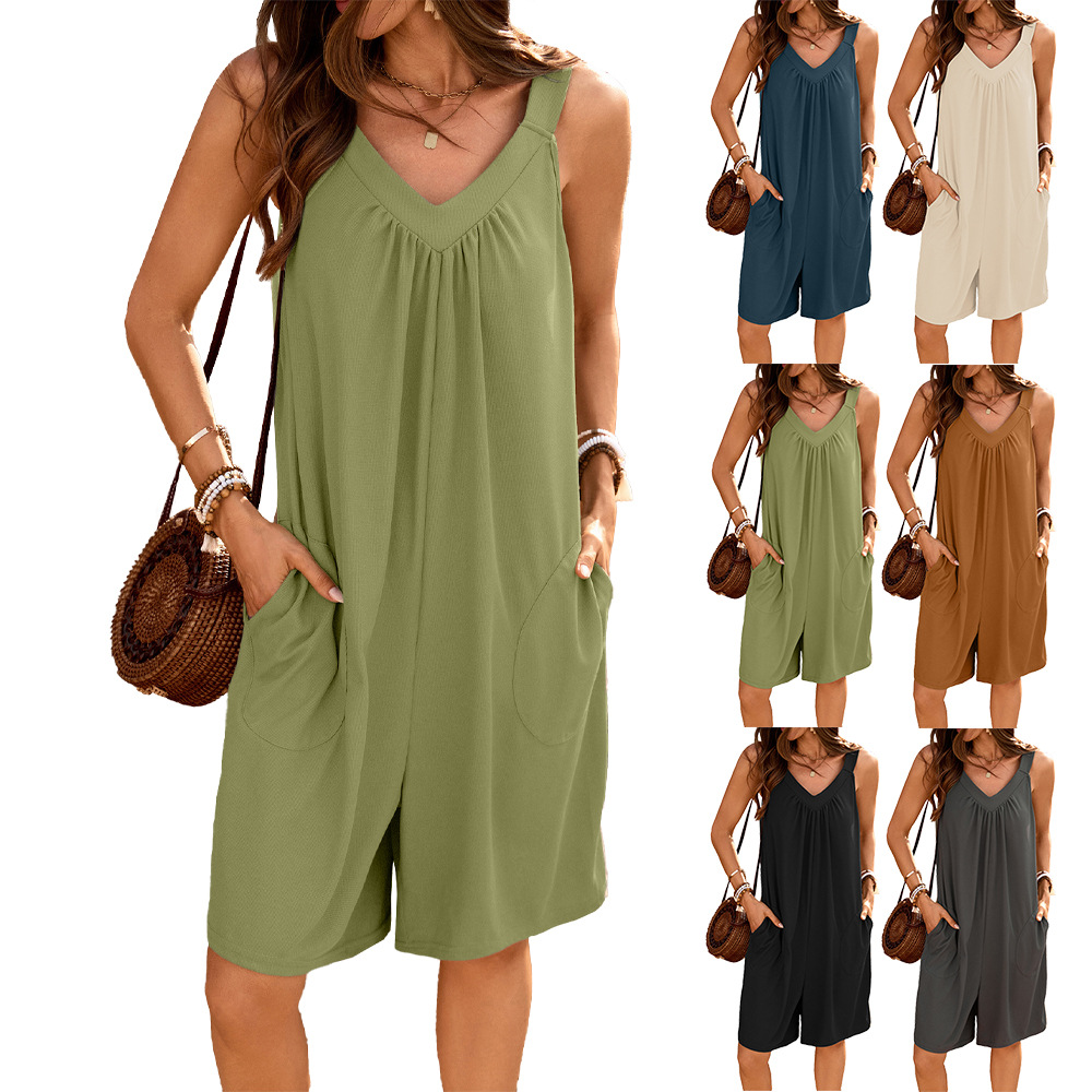 Solid-color V-neck Loose-fit Sleeveless Jumpsuit With Pockets