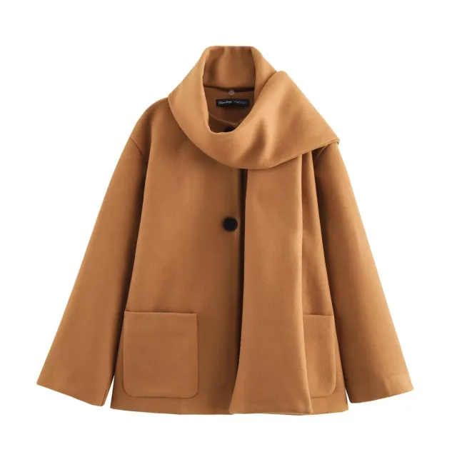 Elegant Blended Textile Scarf Overcoat Coat Camel - Shop at LoveMi