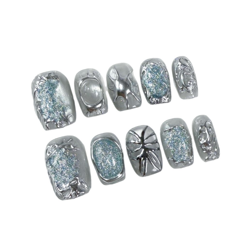 Hand-painted Butterfly Short Cat-eye Silver Wearable Nails