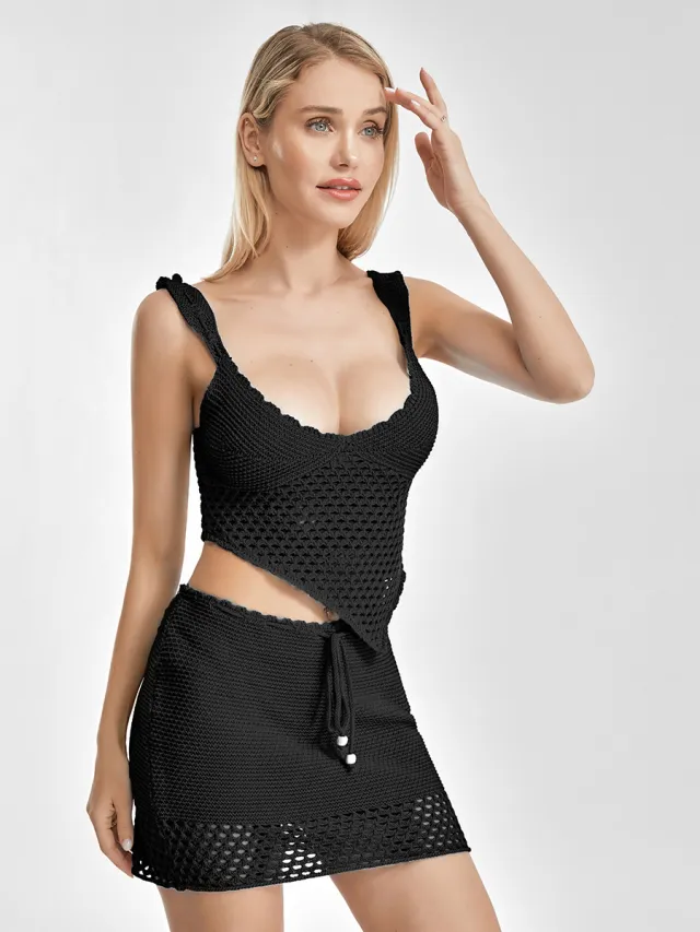 Hollow out Cropped Skirt Knitting Suit Black - Shop at LoveMi