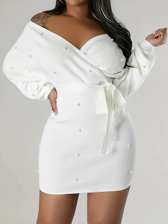 Beaded Bodycon Dress Casual Long sleeve Solid color Off shoulder Dress Women's Apparel White - Shop at LoveMi