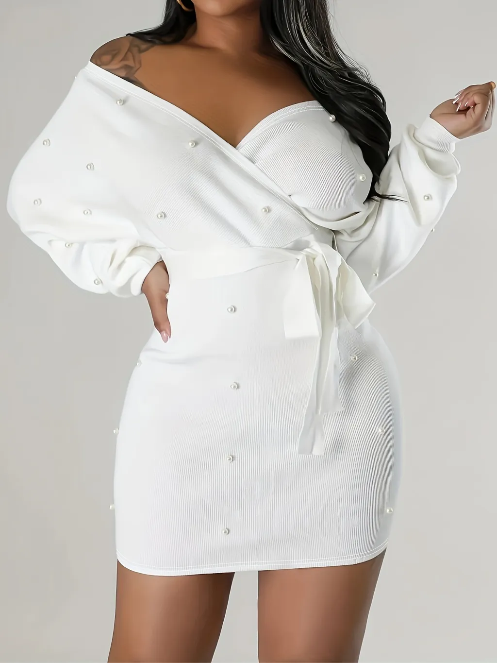 Beaded Bodycon Dress Casual Long-sleeve Solid-color Off-shoulder Dress Women's Apparel - White
