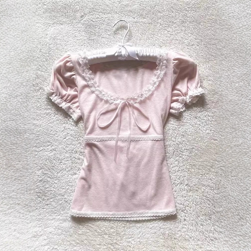 French Retro Lace Stitching Bow Top For Women