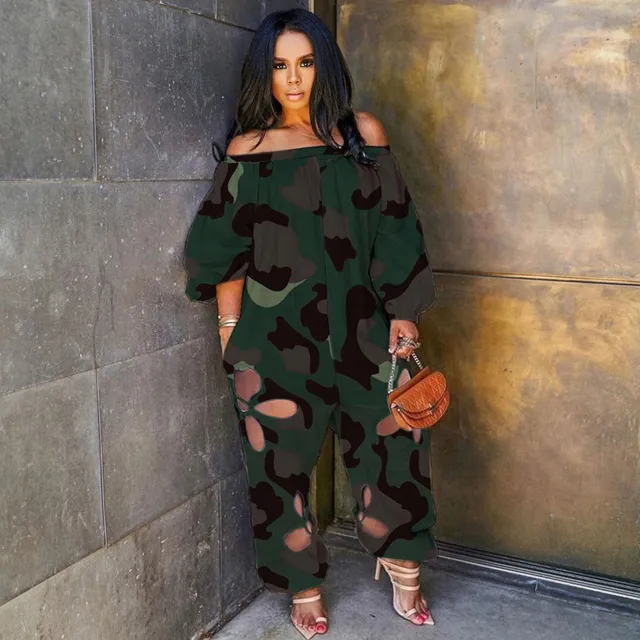 Sexy Slim Backless Crocheted Floral Print Plus Size Jumpsuit Camouflage - Shop at LoveMi