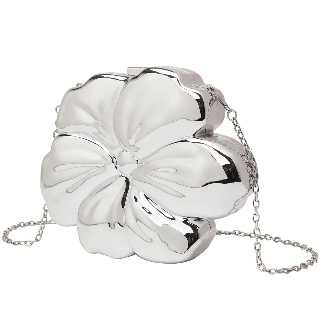 Flower Women's Clutch Chain Crossbody Bag Fashion - Silver