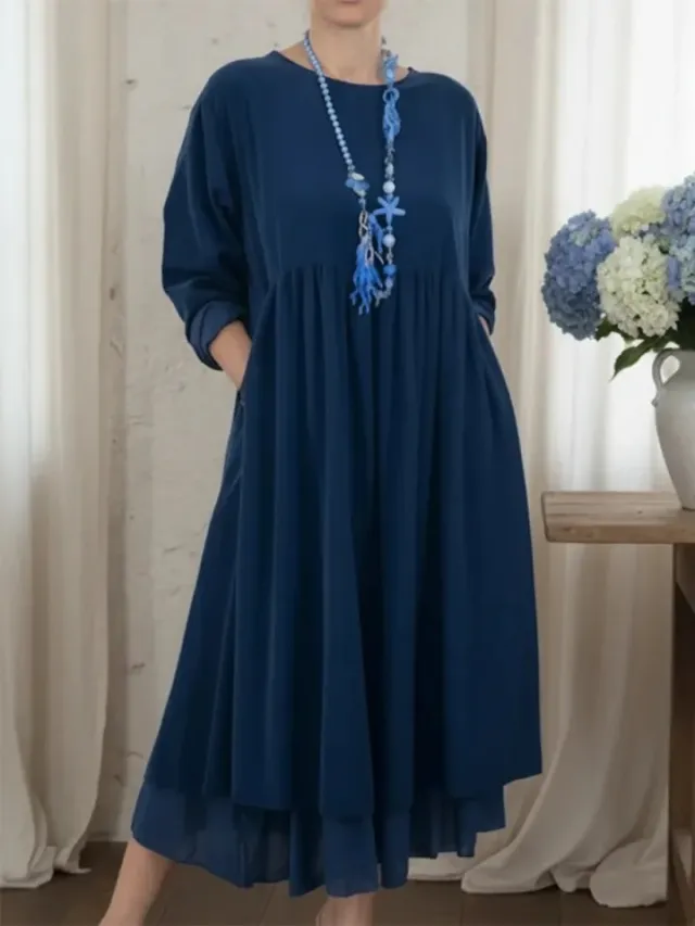 Womens Crew Neck Double Layer Patchwork Long Sleeve Dress Navy - Shop at LoveMi