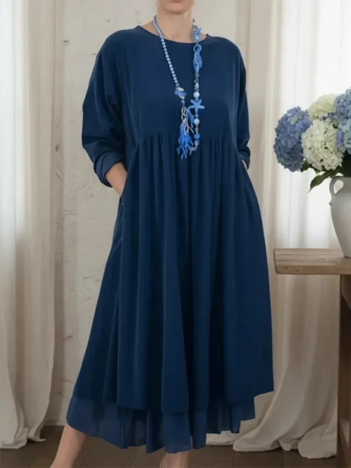 Womens Crew-Neck Double-Layer Patchwork Long-Sleeve Dress - Blue