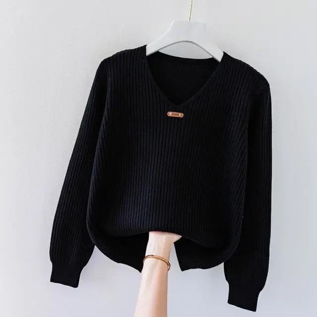 V neck Jersey Women's Long Sleeve Loose Sweater Black - Shop at LoveMi